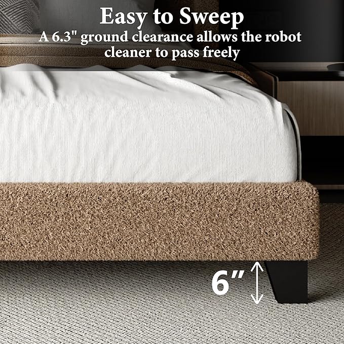 Full Bed Frame with Headboard Upholstered Platform Bed Frame with Teddy Velvet Headboard, Wooden Slats Support/Wing Edge Design/No Box Spring Needed/Easy Assembly, Camle