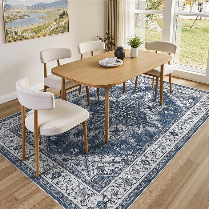WITSHOCK Living Room Area Rugs 6x9: Washable Rug Boho Soft Non-Slip Low Pile Stain Resistant Foldable Carpet for Bedroom Playroom Dining Room Office Kitchen Farmhouse Home Decor Rug-Blue
