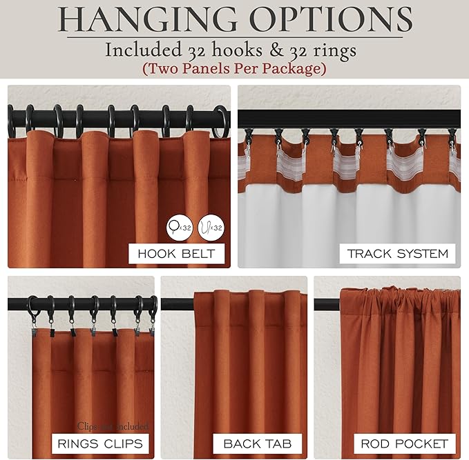 Fall Burnt Orange Curtains Blackout 102 Inches Long 2 Panels Set,Terracotta Autumn Color Decor Retro for Living Room/Bedroom Antique Copper Rust Boho 70s Window Pleated Linen Drapes (W50"xL102")