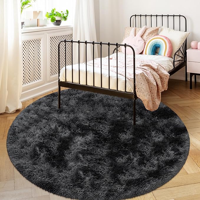 5 ft Round Fluffy Black Rug for Bedroom,Tie Dyed Furry Round Carpet Non Slip Fuzzy Shaggy Plush Circle Area Rug for Living Room Teen's Room Nursery Room Playroom Kids Room Home Decor Washable