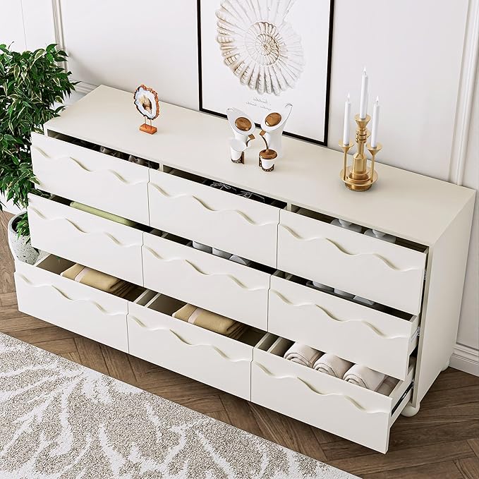 Anbuy Begie Scalloped Dresser for Bedroom with 9 Drawers, 63" Wide Modern Chest of Drawers with Hidden Handle, Wooden Dresser, Fluted Wood Closet Clothes Storage Organizer for Living Room, Hallway