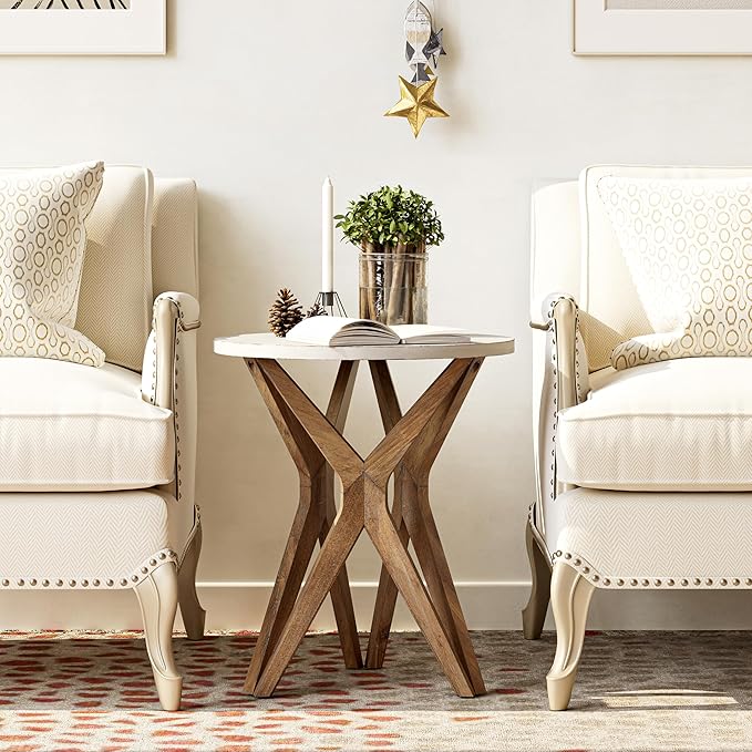 LONYKE Pedestal Farmhouse End Table, Distressed Top with Tripod Base Bedside Table for Living Room, Modern, Boho Decor, Round (1 Pack, White & Walnut)
