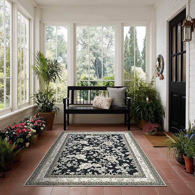 Floral Boho Rug 4x6 Washable Non Slip Area Rug Bohemian Carpet Door Mat Black Beige Taupe Floral Distressed Modern Farmhouse Sketch Style Flower for Bedroom Foldable 4x6 for Entryway Living Room