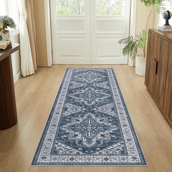 WITSHOCK Living Room Area Rugs 3X10: Washable Rug Boho Soft Non-Slip Low Pile Stain Resistant Foldable Carpet for Bedroom Playroom Dining Room Office Kitchen Farmhouse Home Decor Rug-Blue