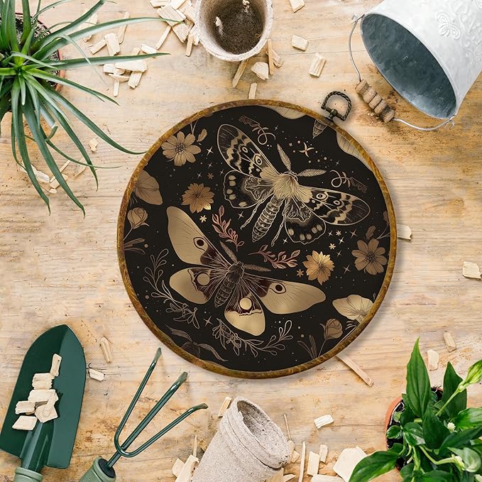 Hiuwevt Vintage Moody Gold Butterfly Round Wall Art Decor, Dark Academia Moth Framed Canvas Prints, Gothic Cottagecore Butterfly Round Wall Hanging Decor for Home Bedroom Decorations, 10x10 Inches