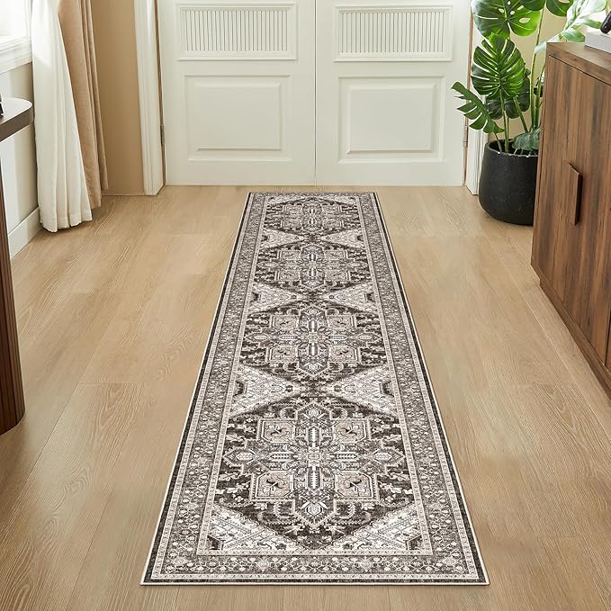 WITSHOCK 2x10 Long Runner Rug for Hallway: Washable Rug Distressed Boho Soft Low Pile Stain Resistant Foldable Carpet for Bedroom Kitchen Entryway Indoor Entrance Oriental Farmhouse Home Decor, Black