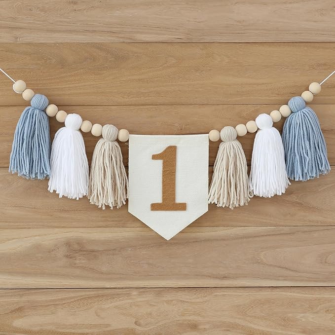 Boho Blue Handmade 1st Birthday High Chair Banner First Highchair Banner For Baby Boys Wild One Wall Hangings Wood Bead Tassel Garland 1 Birthday Party Decorations Photoshoot Props Photo Props