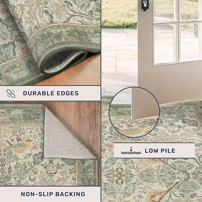 Washable Sage Green Area Rugs 5x7 for Living Room, Bedroom Bedside, Dinning Room, Office with Elegant Botanical Bird Pattern, Muted Green Non Slip Stain Resistant Low Pile French Country Decor