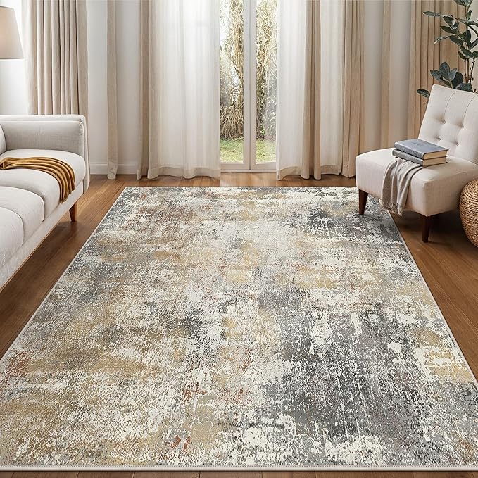 GENIMO 5x7 Area Rugs for Living Room, Machine Washable Rug Non Slip, Low Pile Ultra-Thin Lightweight Large Carpet, Abstract Modern Rugs for Bedroom, Dining Room, Office, Nursery, Brown/Grey