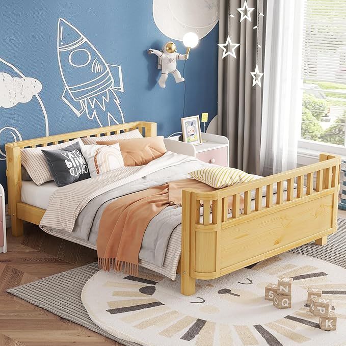 KEIKI Full Size Wooden Floor Bed, Montessori Platform Bed Frame with Low Profile & Safety Rails, Space Saving Kids Beds for Boys Girls Bedroom, No Box Spring Needed, Easy Assembly, Noise Free, Brown
