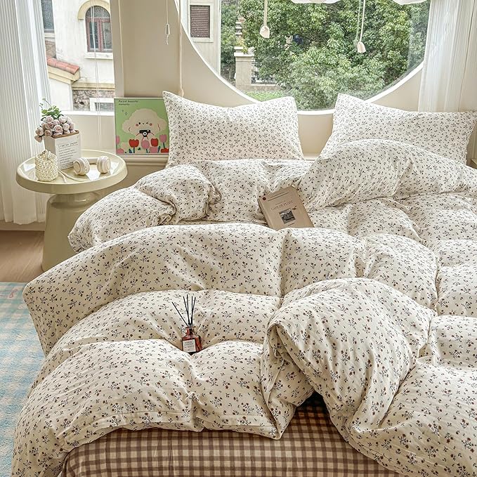 LifeTB 100% Cotton Muslin Duvet Cover Queen Size Vintage Botanical Floral Duvet Cover Ultra Soft Flower Comforter Cover Lightweight Soft Breathable Gauze Bedding Comforter Cover with 2 Pillowcases