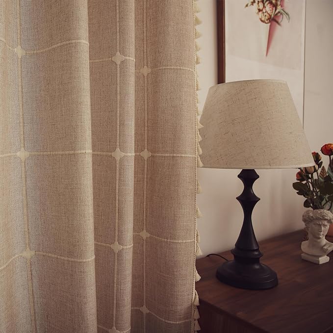 Deeprove Boho Curtains 96 Inches Length for Living Room, Bohemian Lattice Gingham Chic Textured Embroidery Plaids, Vintage Tassels Country Decor Drapery, Rod Pocket, 1 Panel W52 x L96, Natural Linen