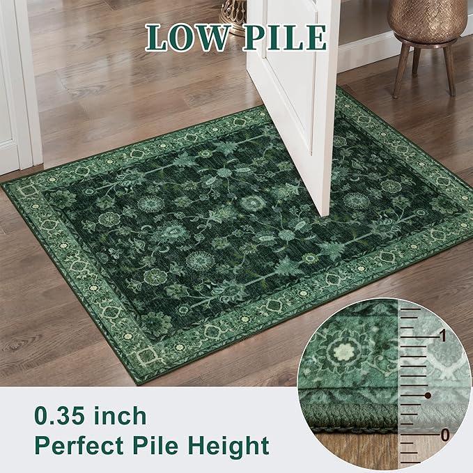 Tangsoo 4x6 Washable Area Rugs Non Slip, Boho Distressed Vintage Green Floral Throw Rug for Bedroom Nursery, Low Pile Floor Carpet Indoor Mat for Entrance Kitchen Office Nature Forest Farmhouse Decor