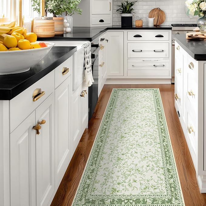 Sage Green Runner Rug 2x6 for Hallways, Non-Slip Washable Kitchen Runner Vintage Boho Farmhouse Floral Sketch Printed Rug Floor Carpet for Laundry Bedroom Entryway Green Cream Beige Flower Design