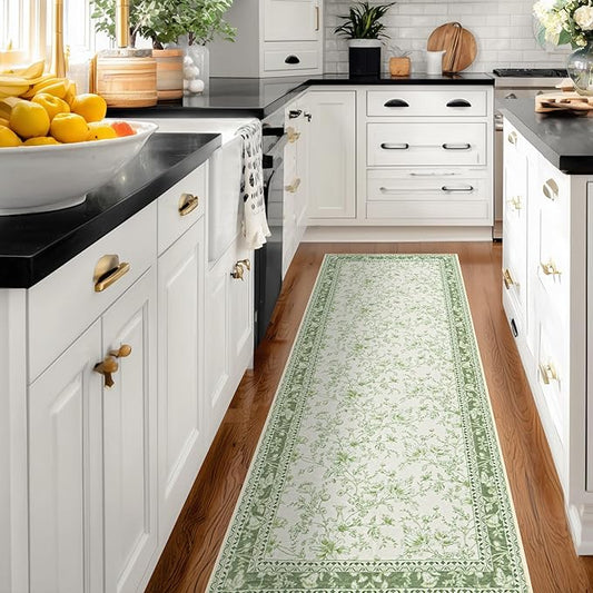 Sage Green Runner Rug 2x6 for Hallways, Non-Slip Washable Kitchen Runner Vintage Boho Farmhouse Floral Sketch Printed Rug Floor Carpet for Laundry Bedroom Entryway Green Cream Beige Flower Design