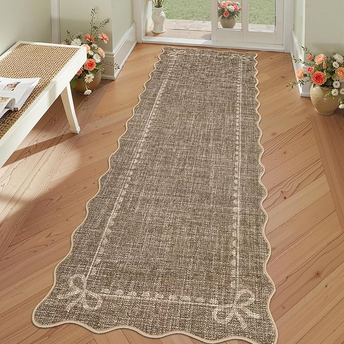 GarveeHome Scalloped Bow Rug for Living Room, Solid Brown Rug for Dorm, Washable Runner Rug 2x6 Soft Low Pile Non Slip Scalloped Rugs for Nursery Bedroom Decor Hallway Entryway Playroom