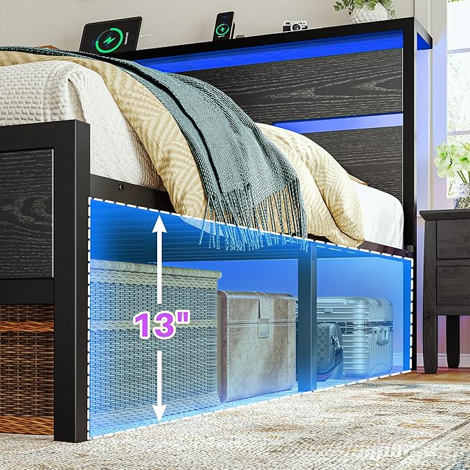 Full Size Bed Frame with LED Lights & Charging Station, Bed Frame Full with Headboard,13" Under Bed Storage, Noise-Free Heavy Duty Metal Support, Modern Black