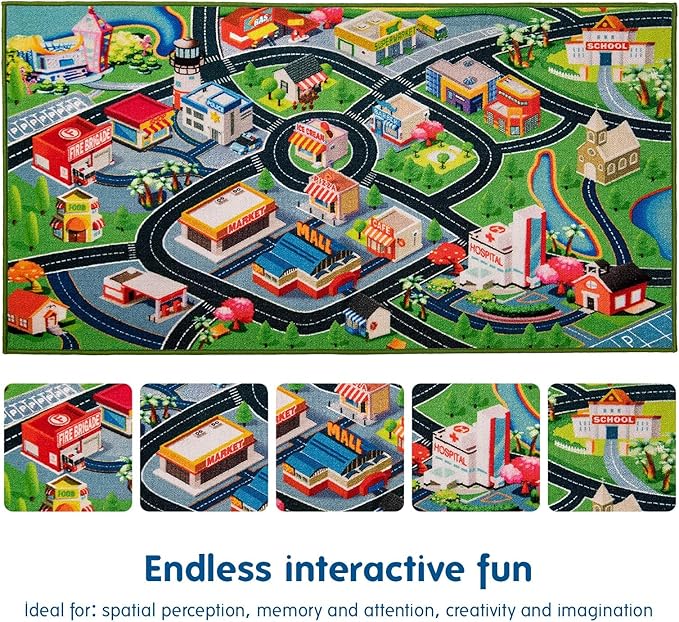 Booooom Jackson Car Rug City Life Great for Kids Toy Cars, Play Learn and Have Fun Safely - Kids Rug Baby Children Educational Road Traffic Play Mat for Bedroom Play Room Game Safe Area(39X79Inch)