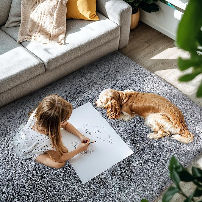 Thick Area Rug Grey Fluffy Shag 5x8 for Bedroom Living Room Washable Plush Fuzzy Carpet for Kids Girls Boys Baby Room Nursery Soft Furry Shaggy Indoor Floor Non Slip Rugs for College Dorm