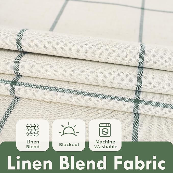 DriftAway 2 Panels 100% Blackout Windowpane Plaid Linen Curtains Double Layer Drapes for Bedroom 63 Inches Long Farmhouse Thermal Insulated 3.25 Inch Rod Pocket Back Tab for Living Room Loden Green
