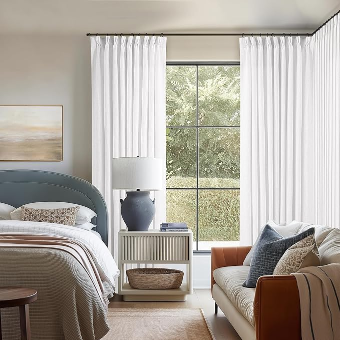 White Pinch Pleated Linen Curtains 102 Inches Long 60 Inch Width Linen Blend Light Filtering Window Curtains 102 Inch for Living Room Bedroom Patio Pinch Pleat Drapes Hooks Rings 1 Panel 60Wx102L