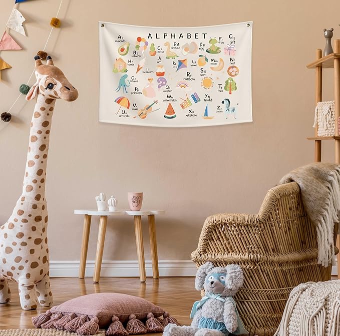 Alphabet ABCD Nursery Rectangular Canvas Banner-Boho Flag Wall Art for Boy Girl Kids,Above Crib Nursery Kindergarten Reading Room Playroom Decor-Baby Growth Stuff-Baby Shower Birthday Christmas Gift