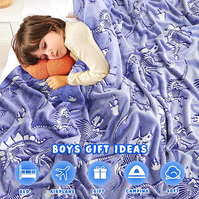inhand Dinosaur Toys for Kids Glow in The Dark Dinosaur Blanket Christmas Birthday Valentine's Day Easter Party Decorations Favors,3 4 5 6 7 8 9 10 11 12 13 Year Old Boy Gifts（50"X60" Blue Dino