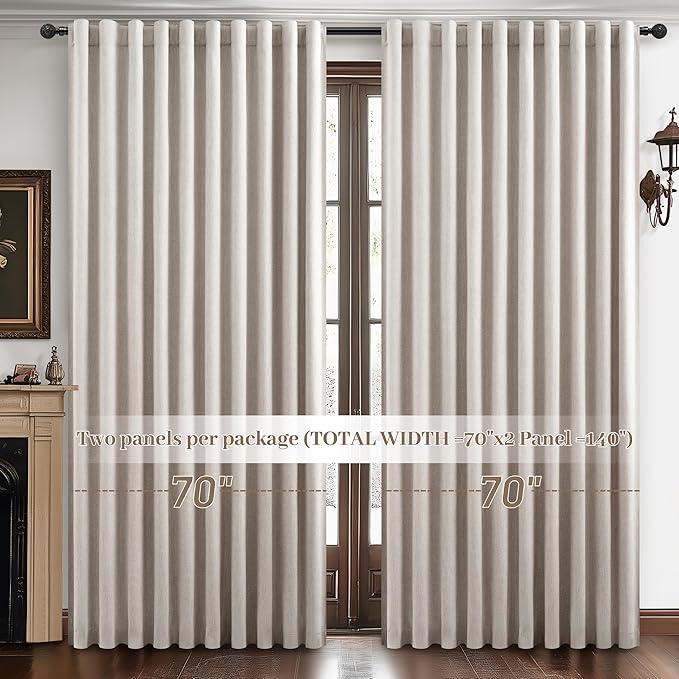 Curtains 70 Inch Length Wide Pleated Blackout Curtain for Sliding Glass Door, Farmhouse Natural Linen Thick Thermal for Summer Heat/Sound Noise Reducing Heavy Large Window Drapes (70"Wx102"Lx2Panels)