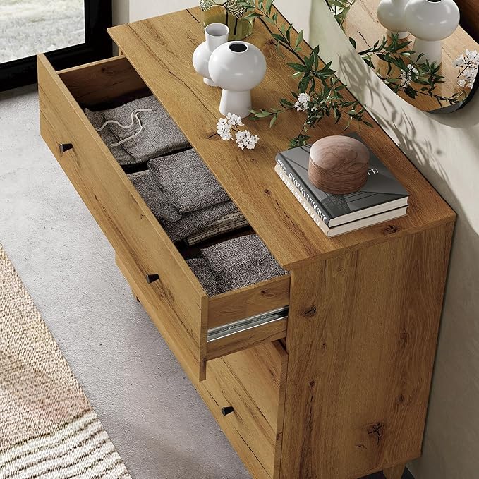 WAMPAT 6-Drawer Kids Dresser for Bedroom, 2-in-1 Modern Large Chest of Drawers with Black Knobs, 71 Inch Wide Oak Brown Wood Children Dresser for Baby Room, Nursery