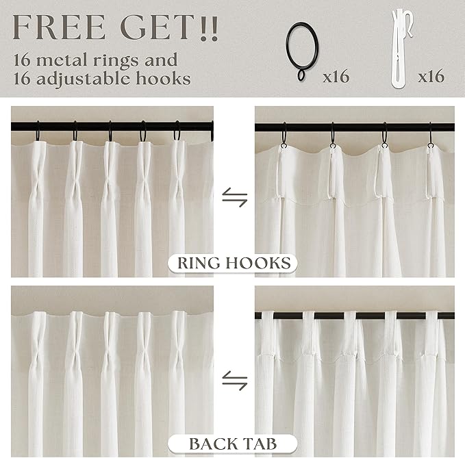 Extra Wide Pinch Pleat Linen Curtains 108 Inches Long for Living Room Sliding Glass Door 100 Inch Wide Semi Sheer Curtain Cream Ivory Pleated Drape Hooks Rings 100x108 Large Window Curtain 1 Panel