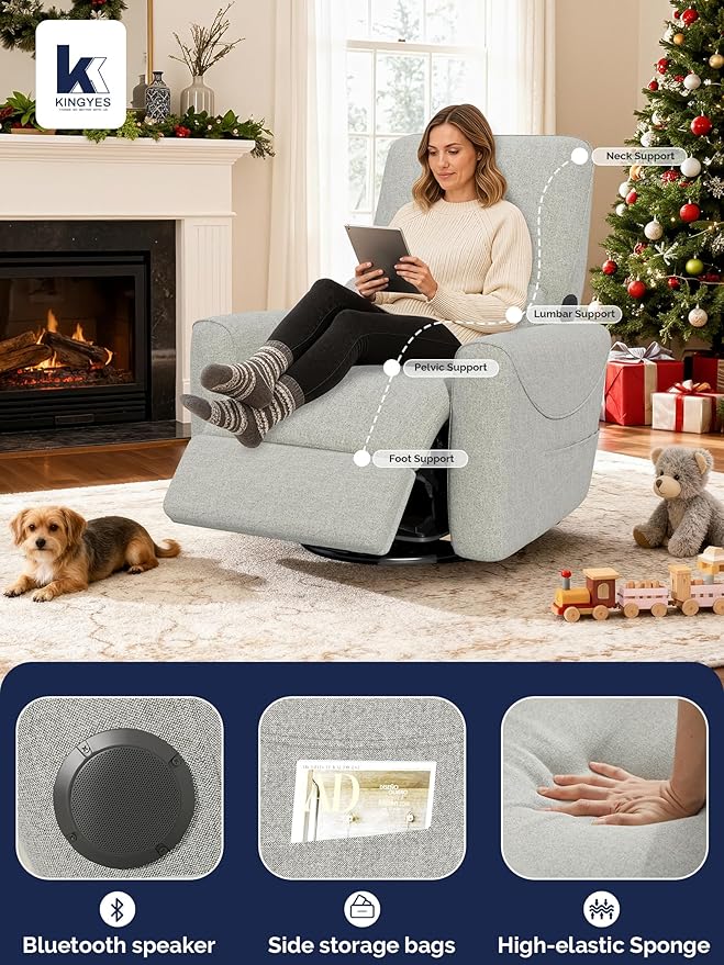 KINGYES Nursery Rocking Chair, Glider Rocking Chair for Nursery, 270° Swivel Glider, Bluetooth Speaker & USB-C Port, Fabric Nursery Recliner Sofa, Gray