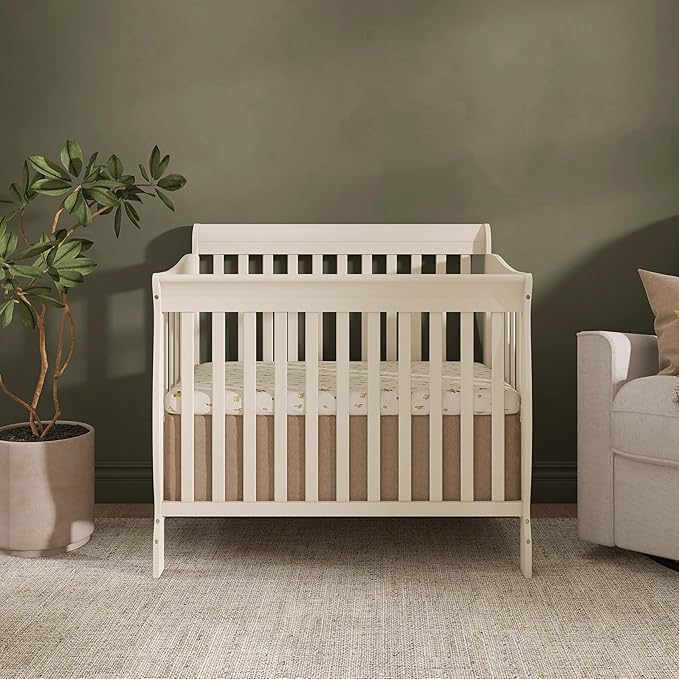 Dream On Me Aden 4-in-1 Convertible Mini Baby Crib French White, GreenGuard Gold & JPMA, Sustainable Pinewood, Non-Toxic Finish, 3 Mattress Heights, Converts to Mini Day & Twin-Size Bed