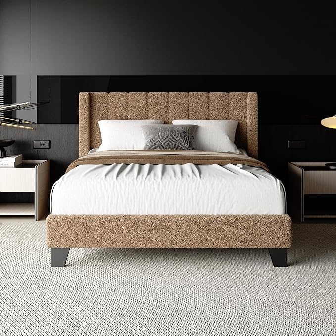 Full Bed Frame with Headboard Upholstered Platform Bed Frame with Teddy Velvet Headboard, Wooden Slats Support/Wing Edge Design/No Box Spring Needed/Easy Assembly, Camle