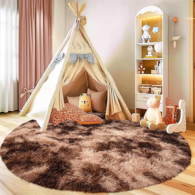 Round Shaggy Circular Tie-dye Brown Super Soft 4FT Fuzzy Plush Rug for Kids, Nursery and Teen's Room