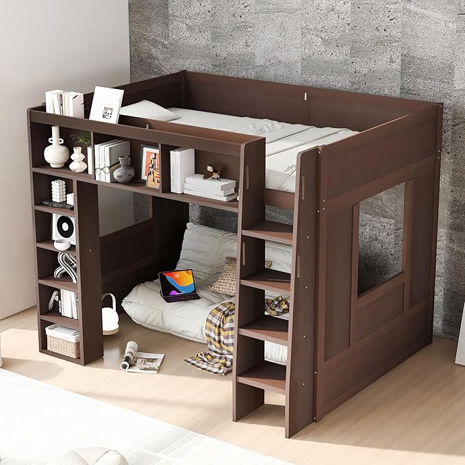 Playhouse Design Queen Size Loft Bed with Built-in Storage Shelves and 2 Windows, Solid Wood Loft Bed Frame with Safety Guardrail for Kids Teens Boys Girls, Space-Saving (Brown-12.9)