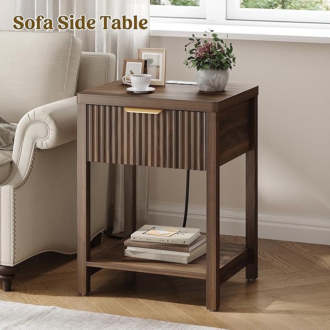 Lulive Night Stand Set 2, Fluted Nightstand with Charging Station, Wood Modern Bedside End Table with Storage Drawer for Bedroom, Save Space (Set of 2, Walnut)