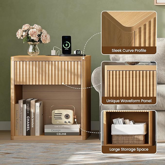 Fluted Nightstand with Charging Station, 21.7" Wide Modern Bedside Table with 1 Drawers Open Storage Cabinet, Wooden End Table for Bedroom, Natural Oak