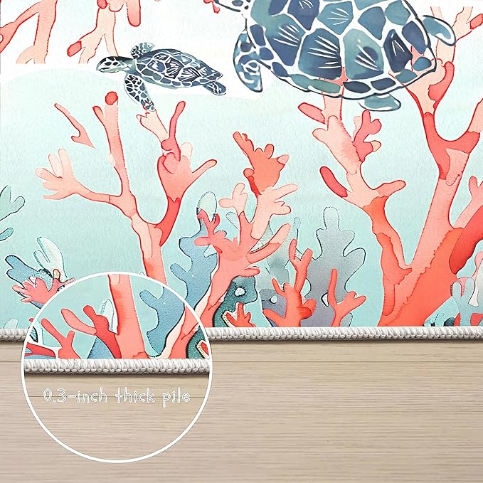 Ocean Coral Rugs,2x3ft Beach Carpet Red Blue Coral and Green Seaweed Printed Rugs,Ocean Themed Carpet for Bedroom Living Room Children's Room Cute Pink Non Slip Floor Mats
