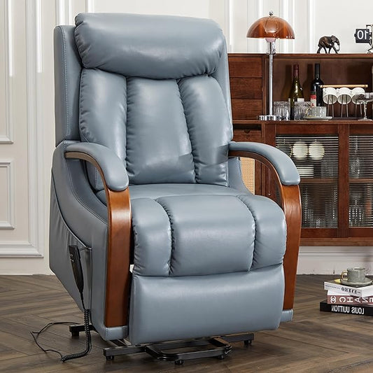 DYNOX Small Lift Chair Recliner with Heat and Massage, Dual Motor Power Lift Sofa for Elderly,Infinite Adjust for Back and Footrest,Side Pocket(9185,Blue,Faux Leather)