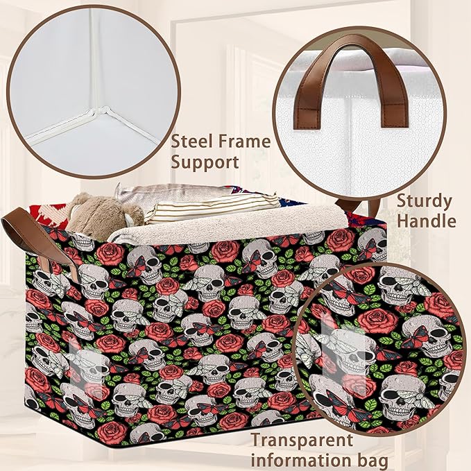Skull Flower Pattern Collapsible Storage Bin-17x11.5x10.5 Inch Foldable Organizer for Halloween Decor, Gothic Room, Under Bed Storage-Single Pack