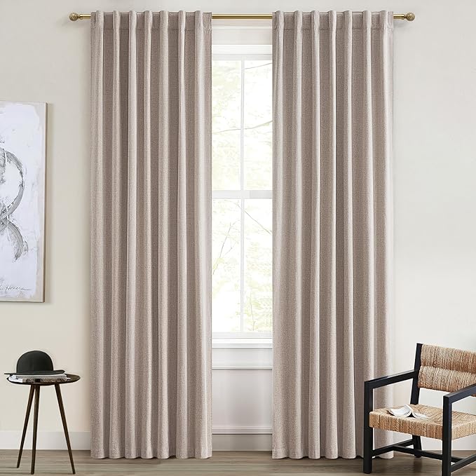 Dining Room Long Curtains 108 Inches Set of 2, 100 Inch Wide (2 x 50")Linen Living Room Drapes 9 Foot Tall 100% Blackout Curtains for Sliding Glass Door 2 Panels Tan Beige Back Tab/Rings/Hooks