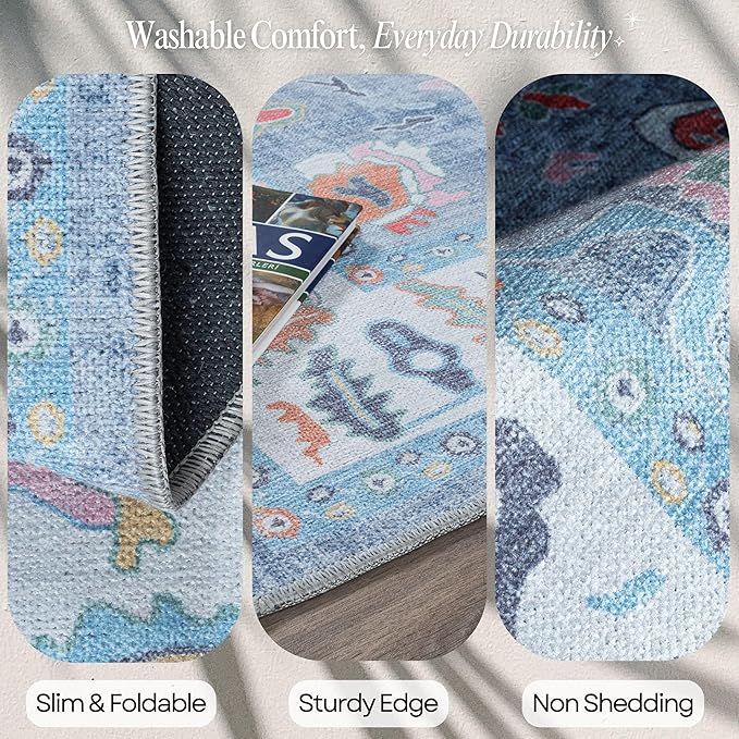 Fame Rugs Blue Modern Oushak Rug 3x5, Washable Vintage Turkish Colorful Oriental Antique Inspired Foldable Small Area Rugs, Luxury Living Room Bedroom (381LB, 2'6" x 5')