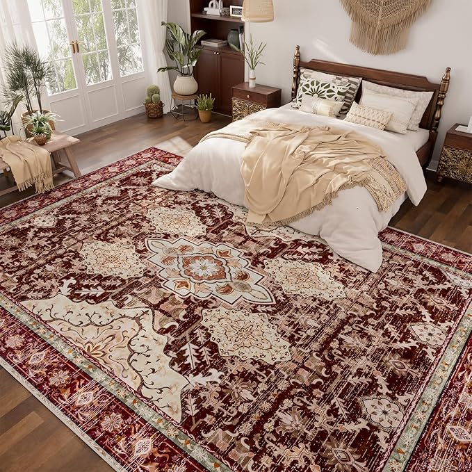 AMTOVO 8x10 Area Rugs for Living Room, Large Non-Slip Washable Rug, Boho Vintage Retro Medallion Print Pattern Carpet for Bedroom Dining Room Home Office Nursery Dorm Farmhouse, Vintage Red