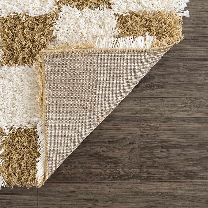 BoutiqueRugs Atira Modern Checkered Shag Area Rug - High Pile Fluffy Shaggy Carpet for Kids Room, Nursery, Living Room - Yellow, Cream, White, Mustard - 7'10" X 10'3" (8x10)