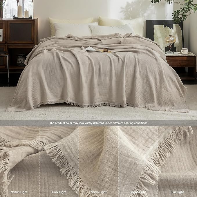FOSSA Muslin Blanket with Fringe - 4-Layer 100% Cotton Gauze Super Soft & Breathable Throw -Lightweight Decorative Cooling Blanket for Bed, Sofa, Office -Twin XL Size 90" × 66" (Beige Gray)