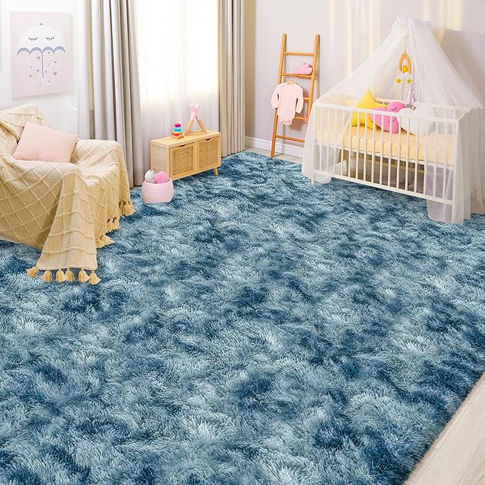 Modern Plush Shaggy 8x10 Large Rug for Living Room Tie Dyed Blue Fluffy Fuzzy Area Rug for Bedroom Aesthetic Big Shag Carpet for Nursery, Playroom, Kids Boys Girls Room