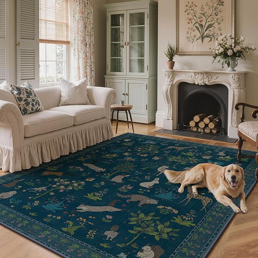 Washable Rugs 8x10 Rug for Living Room,Floral Animal Print Area Rug, Non Slip Low Pile Carpet for Bedroom, Dining Room, Nursery,Playroom, Midnight Blue