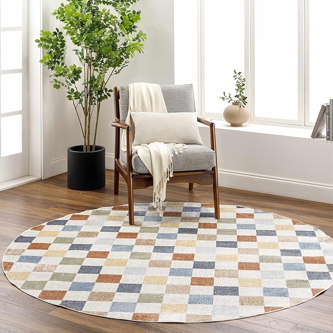 BoutiqueRugs Alia Colorful Modern Checkered Area Rug - Contemporary Geometric Carpet for Hallway, Nursery, Playroom, Girls Boys Room - Machine Washable - White, Blue, Peach, Rust - 6'7" Round