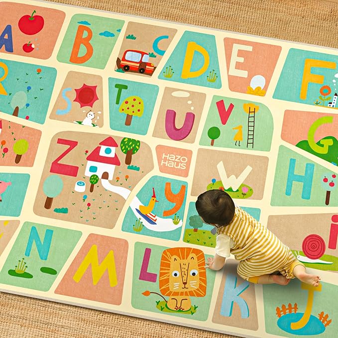 4x6 Preschool Kids Alphabet Rug – Washable ABC Learning Carpet for Toddlers, Educational Playroom Mat with Fun Letters & Illustrations, Soft Nursery Rug for Reading, Craft, or Floor Play
