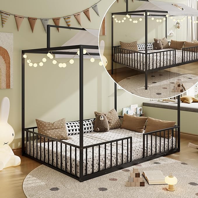 Harper & Bright Designs Full Size Montessori Floor Bed Frame for Kids, Metal Floor Bed with Canopy and Guardrails, High Fenced Canopy Bed with Sturdy Metal Slats Support, Easy Assembly, Black